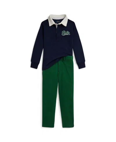 Polo Ralph Lauren Kids' Toddler And Little 2-piece Boys Logo Rugby Shirt Twill Pants Set In Green