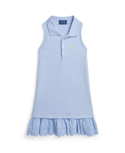 Polo Ralph Lauren Kids' Toddler And Little Girls Eyelet-embroidered Mesh Polo Dress In Blue Hyacinth With Corn Yellow