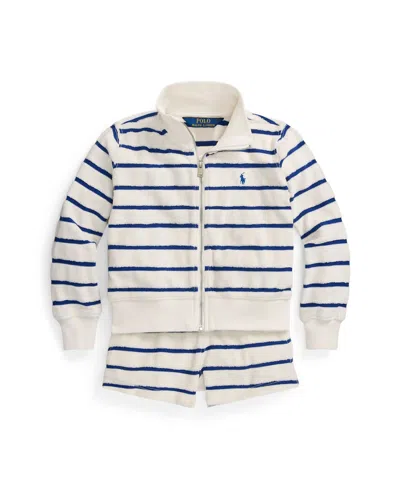 Polo Ralph Lauren Kids' Toddler And Little Girls Striped Cotton Terry Jacket And Shorts Set In Deckwash White With Brillsapphire