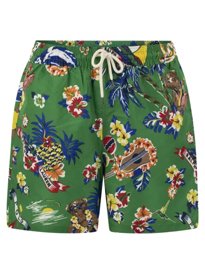 Polo Ralph Lauren Traveler Polo Bear Beach Boxer Shorts In Green