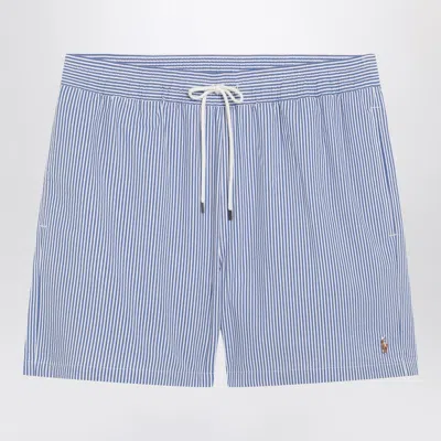 Polo Ralph Lauren Traveller Striped Seersucker Swim Shorts. In Blue