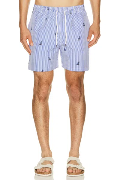 Polo Ralph Lauren Striped Straight-leg Mid-length Recycled-seersucker Swim Shorts In Blue