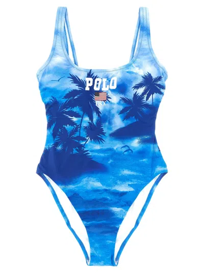 Polo Ralph Lauren Tropical Palm Print One-piece Swimsuit In Blue