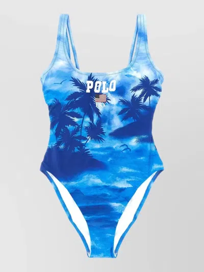 Polo Ralph Lauren Tropical Print Racerback One Piece Swimsuit In Blue