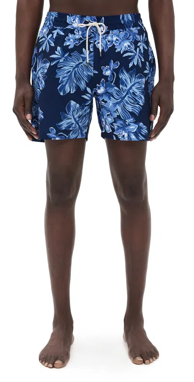 Polo Ralph Lauren Traveler Straight-leg Mid-length Floral-print Seersucker Swim Shorts In Blue