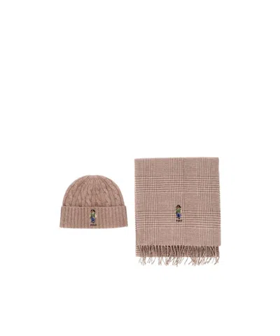Polo Ralph Lauren Turn-up Knit Hat And Scarf Set In Brown