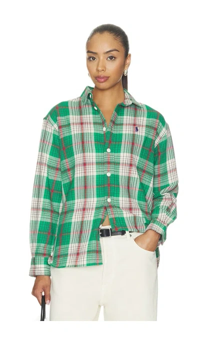 Polo Ralph Lauren Twill Long Sleeve Collared Sport Shirt In Green Cream Multi