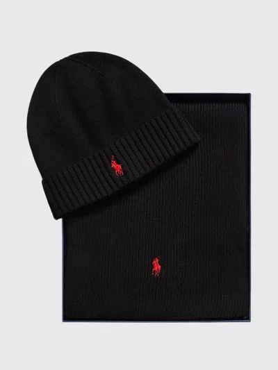 Polo Ralph Lauren Two-piece Set With Ribbed Pure Wool Hat And Scarf In Gold