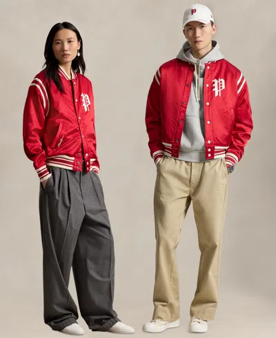 Polo Ralph Lauren Unisex Striped Ribbed Baseball Collar Logo Patch Jacket In Red