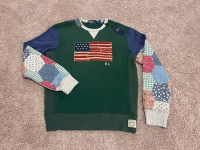 Pre-owned Polo Ralph Lauren Usa American Flag Vintage Quilt Patchwork Sweatshirt Green S In Multicolor