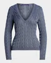 Polo Ralph Lauren V-neck High Shine Silk Cable Knit Sweater In Blue