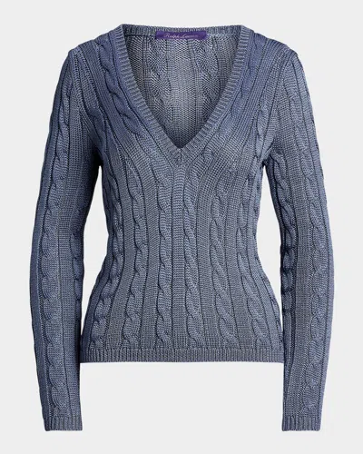 Polo Ralph Lauren V-neck High Shine Silk Cable Knit Sweater In Blue