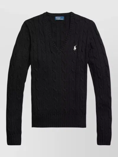 Polo Ralph Lauren V Neck Long Sleeve Cable Knit Sweater In Black