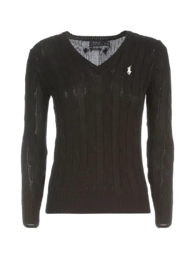 Polo Ralph Lauren V Neck L/s Sweater W/braids In Brown
