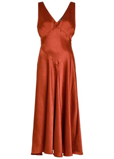 Polo Ralph Lauren V-neck Satin Midi Cocktail Dress In Red