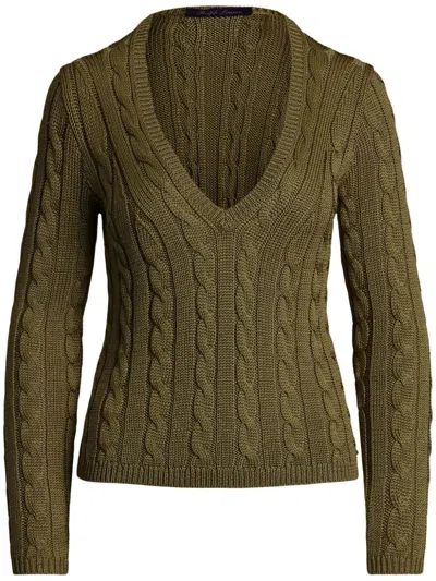 Polo Ralph Lauren V-neck High Shine Silk Cable Knit Sweater In Green