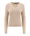 Polo Ralph Lauren Cable Knit V-neck Sweater In Nude