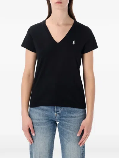 Polo Ralph Lauren Embroidered Logo V-neck Cotton T-shirt In Black