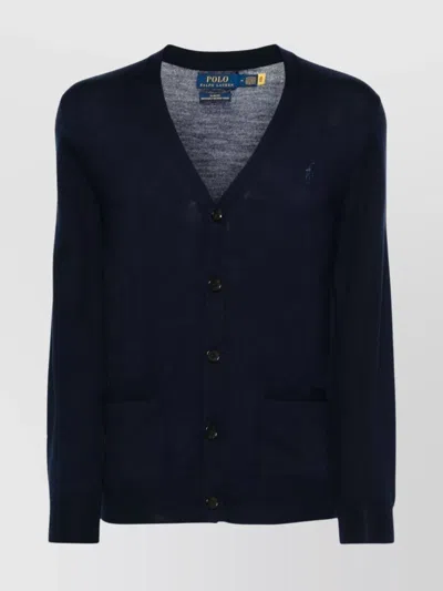 Polo Ralph Lauren V-neck Wool Cardigan Pockets In Blue