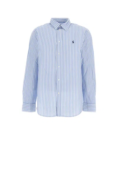 Polo Ralph Lauren Vertical Striped Cotton Blend Sports Shirt With Iconic Logo In Blue