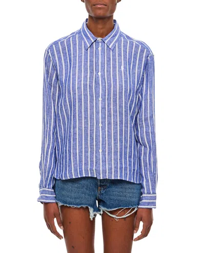 Polo Ralph Lauren Vertical Striped Linen Shirt With Embroidered Logo In Blue