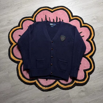 Pre-owned Polo Ralph Lauren Vintage 90's T Crest Patch Logo Wool Cardigan In Blue