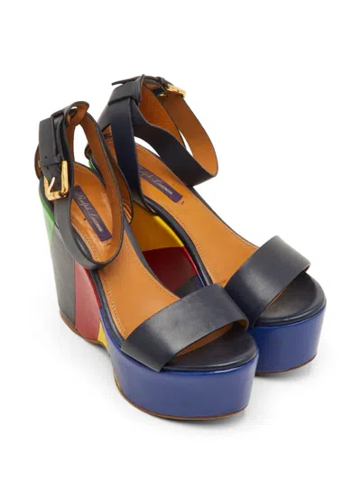Pre-owned Polo Ralph Lauren Vintage Arianna Colour-block Wedge Sandals In Blue