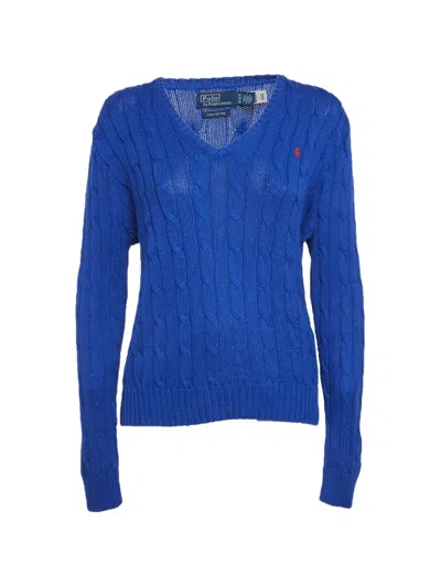 Pre-owned Polo Ralph Lauren Vintage Cable-knit V-neck Sweater In Blue