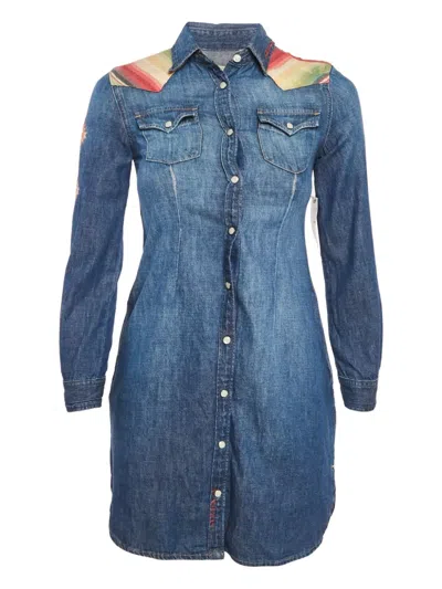 Pre-owned Polo Ralph Lauren Vintage Embroidered Yoke Denim Dress In Blue