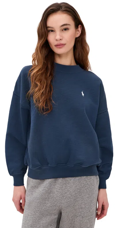 Polo Ralph Lauren Vintage Fleece Knit Long Sleeve Crew Neck Newport Navy In Blue