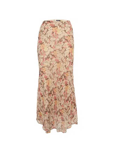 Pre-owned Polo Ralph Lauren Vintage Floral-print Chiffon Maxi Skirt In Brown