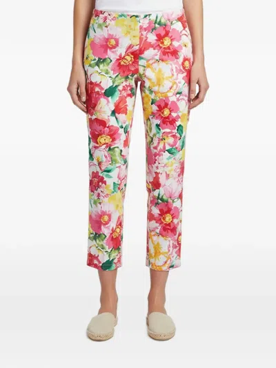 Pre-owned Polo Ralph Lauren Vintage Floral-print Cropped Trousers In White