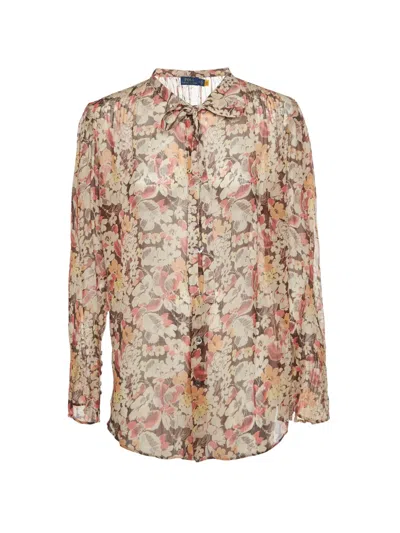 Pre-owned Polo Ralph Lauren Vintage Floral-print Pussy-bow Blouse In Neutral