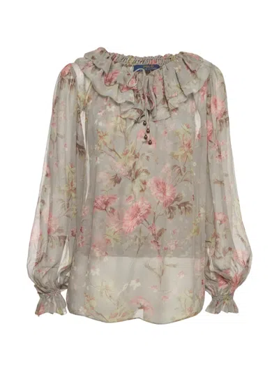 Pre-owned Polo Ralph Lauren Vintage Floral-print Ruffled Blouse In Green