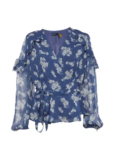 Pre-owned Polo Ralph Lauren Vintage Floral-print Ruffled-ends Blouse In Blue