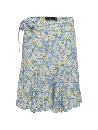 Pre-owned Polo Ralph Lauren Vintage Floral-print Wrap-style Mini Skirt In Blue
