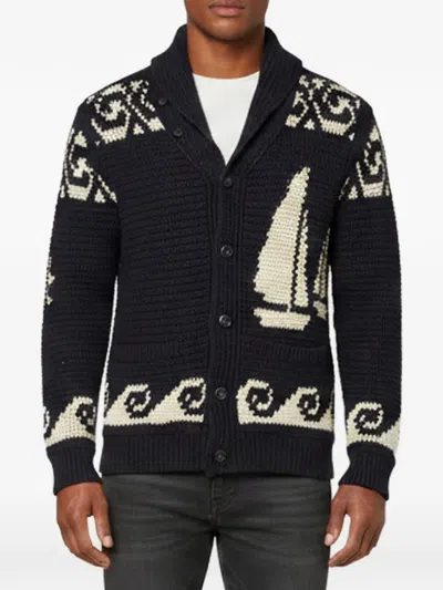 Pre-owned Polo Ralph Lauren Vintage Hand-knit Shawl-collar Cardigan In Blue