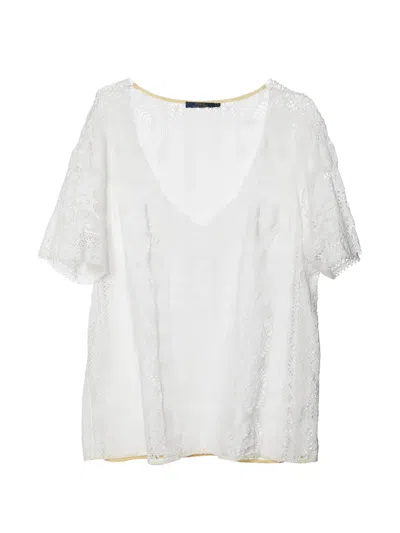Pre-owned Polo Ralph Lauren Vintage Lace V-neck Blouse In White