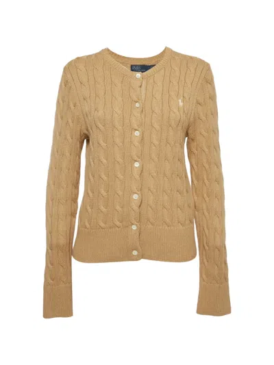Pre-owned Polo Ralph Lauren Vintage Logo-embroidered Cable-knit Cardigan In Neutral