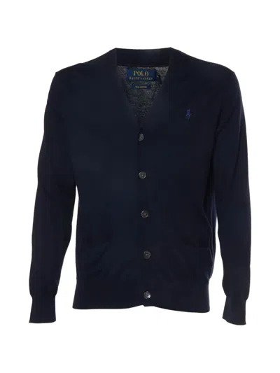 Pre-owned Polo Ralph Lauren Vintage Logo-embroidered Knit Cardigan In Blue
