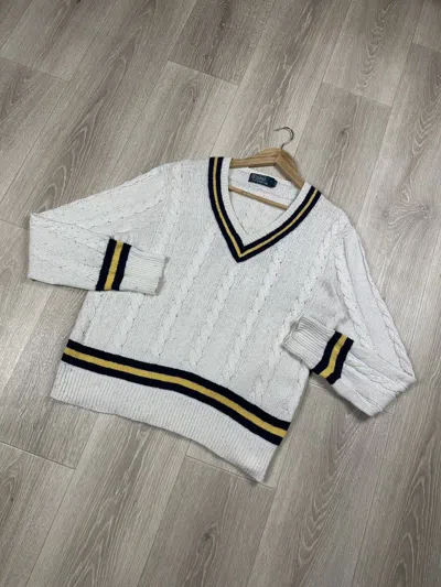 Pre-owned Polo Ralph Lauren Vintage T Cable Knit Sweater Cricket In White