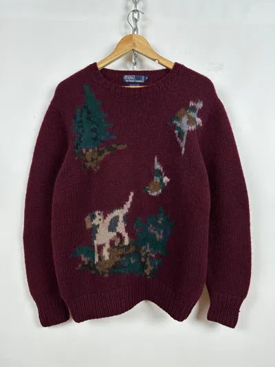 Pre-owned Polo Ralph Lauren Vintage T Hand Knit Hunting Dog Duck Sweater In Red