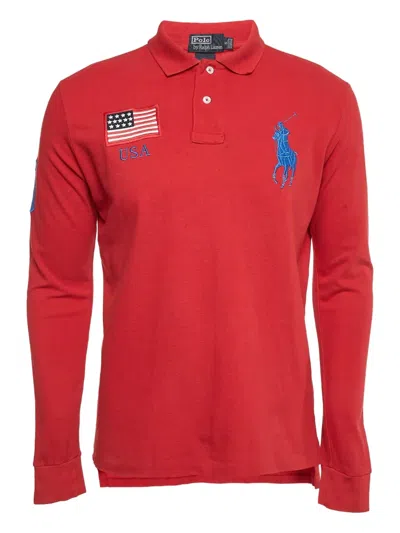Pre-owned Polo Ralph Lauren Vintage  Embroidered Usa Flag Long-sleeve Polo Shirt In Red