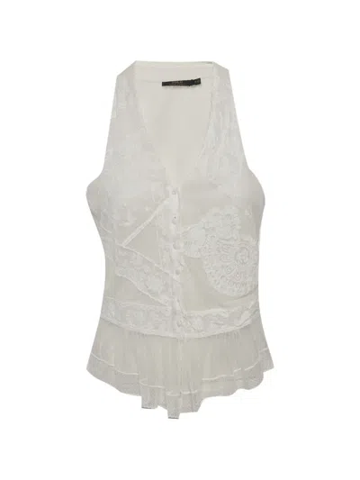 Pre-owned Polo Ralph Lauren Vintage V-neck Floral-lace Blouse In White