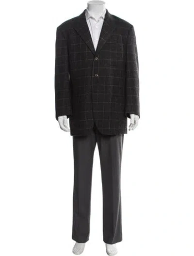 Pre-owned Polo Ralph Lauren Virgin Wool Plaid Print Overcoat In Gray