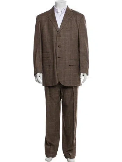 Pre-owned Polo Ralph Lauren Virgin Wool Plaid Print Two-piece Suit In Brown