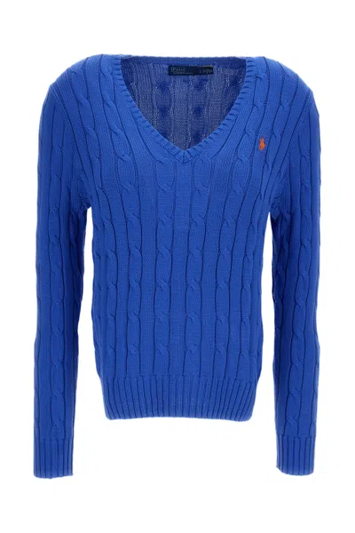 Polo Ralph Lauren V-neck Cable Knit Sweater With Ribbed Cuffs And Signature Embroidery In Transparent