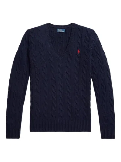 Polo Ralph Lauren Navy Blue Knitted V Neck Sweater In Black