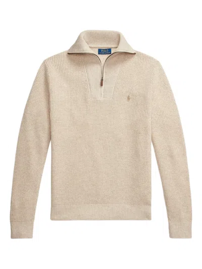 Polo Ralph Lauren Waffle-knit Wool And Cotton-blend Half-zip Sweater In Pink
