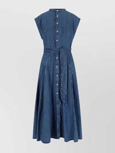 Polo Ralph Lauren Waist Belt Sleeveless Pleated Knee Length Dress In Blue